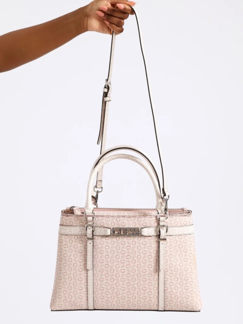 GUESS Women’s Pink Monogram Satchel Tote Handbag Crossbody Strap NWOT